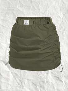 SHEIN EZwear CURVE 大码女式字母刺绣橄榄绿梭织半身裙 - 軍綠色 - 查看 1