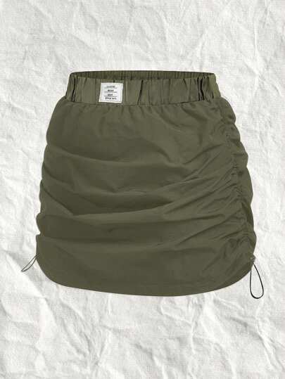 SHEIN EZwear CURVE 大码女式字母刺绣橄榄绿梭织半身裙