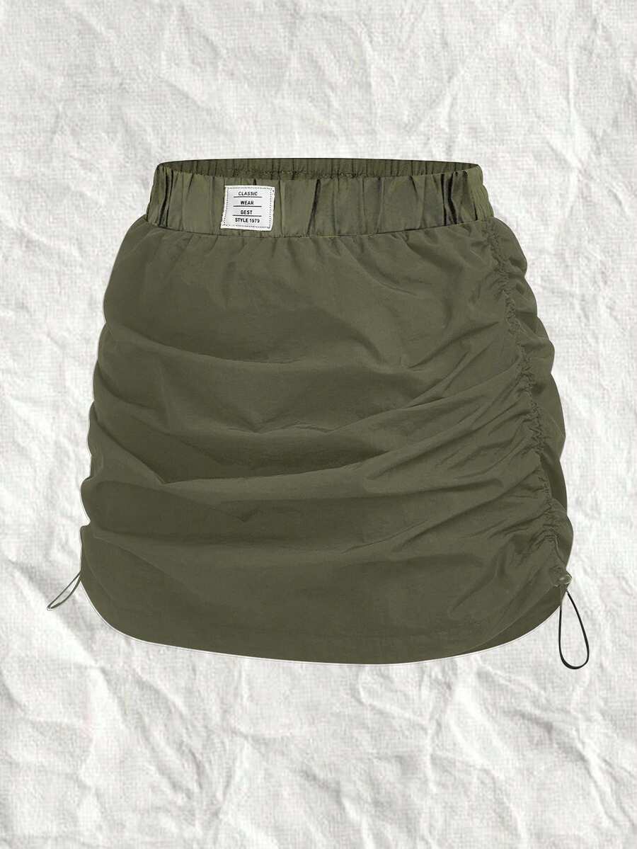 SHEIN EZwear CURVE 大码女式字母刺绣橄榄绿梭织半身裙 - 軍綠色 - 查看 1