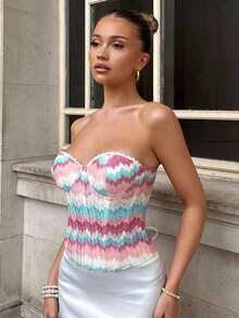 Glamine Sexy Jacquard Knit Patchwork Contrast Color Ruffle Trim Underwire Bustier Top For Women