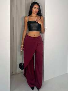 Glamine Burgundy Pocket Spliced Suit Pants,Summer Chic Night Out Long Pants,Urban Office Edit,Elegant Versatile Commute Essential,Retro Minimalist Modern Look - Red - View 5