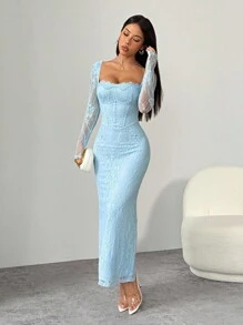SHEIN PETITE Women's New Summer Party Date Evening Sexy S-Shaped Lace Long-Sleeved Breast Cup Fishbone Square Neck Tight Bodycon Black Maxi Dress Baby Blue Lace Dress Light Blue Long Sleeve Dress Baby Blue Elegant Dress Light Blue Maxi Dress Blue Lace Evening Gown Formal Dresses For Wedding Guest Lace Long Dress,Party Dress,Fall Dresses For Women - Baby Blue - View 5