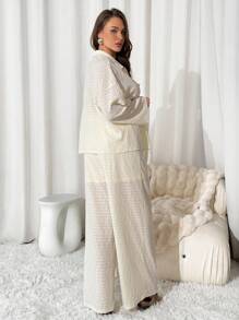 Auralis 大码纯色长袖上衣和裤子休闲两件套 - 杏色 - 查看 2