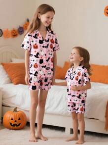 Set de pijama de 2 piezas con pantalón corto y estampado de calabaza y fantasma para niñas, retardante de llama - Multicolor - Ver 8