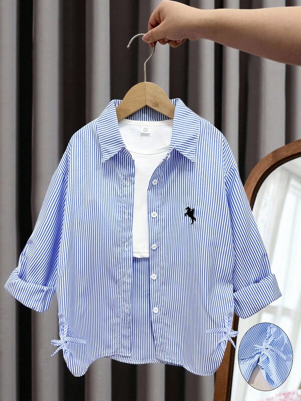 Young Girl Blue Casual Fashionable Lightweight Blouse, Versatile For Spring & Summer Girls Striped Blue Shirt Blue Striped Shirt Kids Kids Striped Shirt Girls Shirts Stripes Preppy Shirts For Kids Striped Blue Shirt Girls Light Blue Shirt For Teen Girls Blue Striped Shirt Girls Girls Blue Striped Button Down Shirt Girls Light Blue Button Up Shirt Fall Winter
