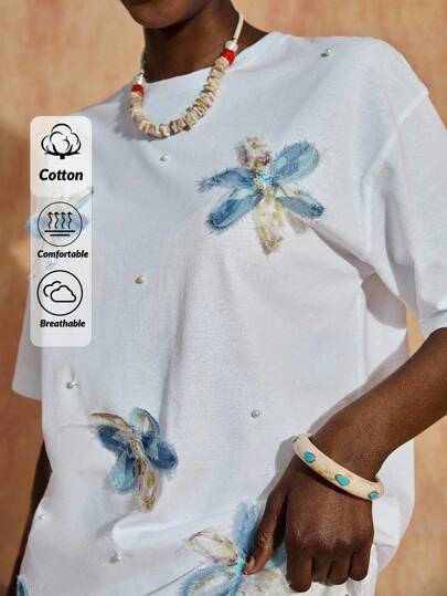 SHEIN PETITE Petite Size Floral Print T-Shirt, Pearl Embellishments, Cotton Material, Round Neck, Short Sleeves, Casual Day Wear, Hand-Painted Style Flowers, Regular Fit, Easy Care Fabric, Perfect For Summer, Daily Casual Style, Breathable Fabric