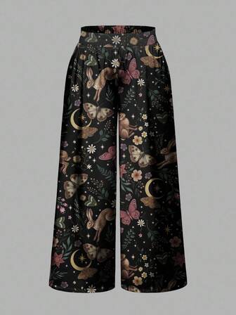 Goth Pantaloni larghi con stampa all-over di coniglio strega, stile mori scuro e misterioso, taglie comode