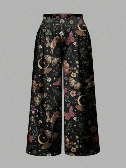 Goth Plus Size Loose Witch Rabbit Allover Print Wide Leg Pants, Dark Mysterious Mori Style