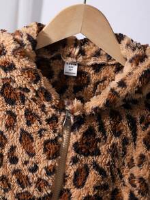 Chaqueta con capucha de piel sintética con estampado de leopardo y mini bolsillo para niña preadolescente, otoño/invierno - Caqui - Ver 4