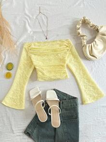 SHEIN 青少年女孩修身休闲简约舒适露肩喇叭袖长袖T恤 - 黃色 - 查看 2