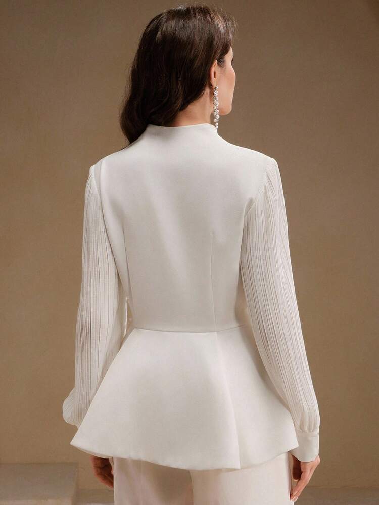 Women's White Beaded Floral Elegant Romantic Cinched Waist V-Neck Long Sleeve Jacket, Suitable For Autumn, Outings, Parties, Christmas, Work, And Other Occasions