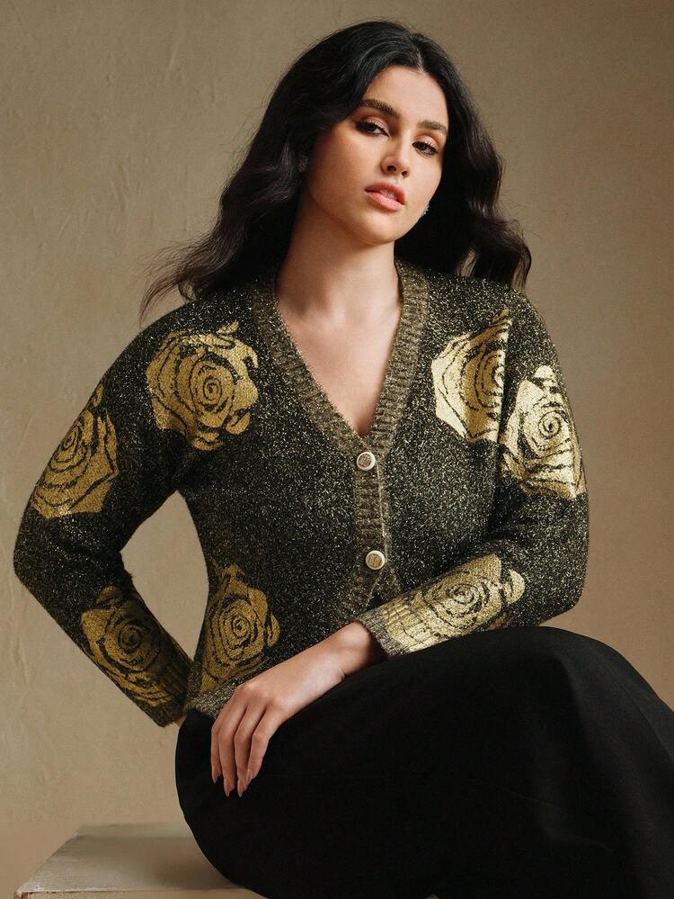 Cárdigan de suéter con bordado floral vintage de talla grande