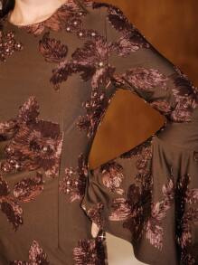 Anewsta 浪漫优雅腰部收腰刺绣花朵喇叭袖连衣裙 - 咖啡 - 查看 3