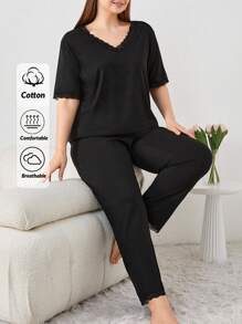 RueChic Cotton Scalloped Lace Hem Sleepwear Set - Black - View 1