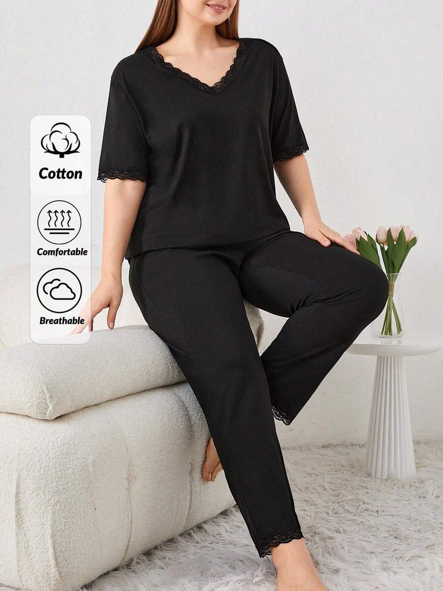 RueChic Cotton Scalloped Lace Hem Sleepwear Set - Black - View 1