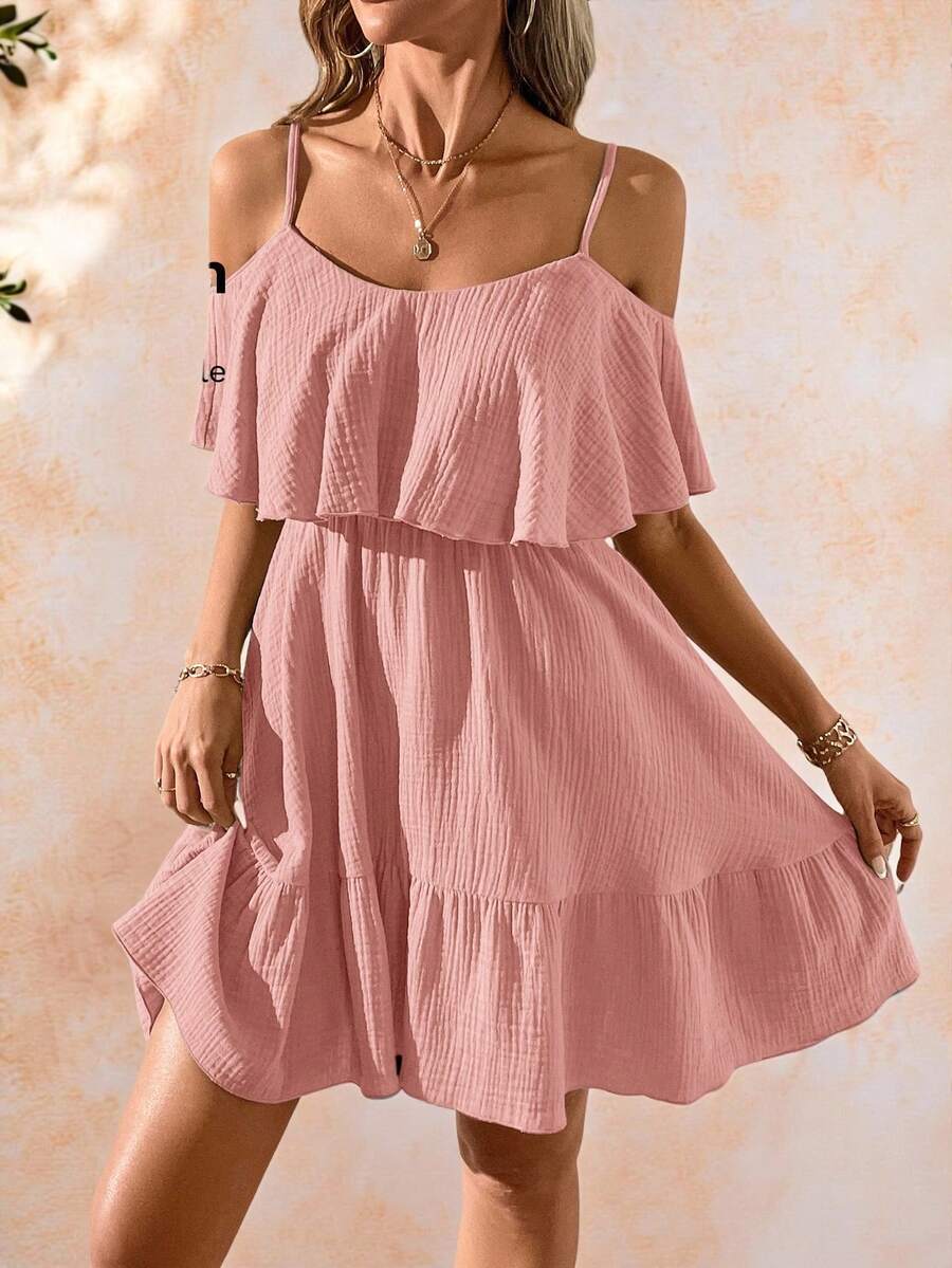 Amorya Women's Elegant Romantic Solid Green Textured Chiffon Fabric Off-Shoulder Ruffle Hem Camisole Dress, Spring/Summer Holiday