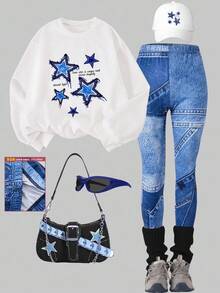 SHEIN Explorewe 2 piezas Conjunto informal y de moda para niñas preadolescentes con sudadera de cuello redondo de manga larga cómoda con estampado de estrellas y pantalones pitillo con efecto de mezclilla, para otoño/invierno - Multicolor - Ver 1