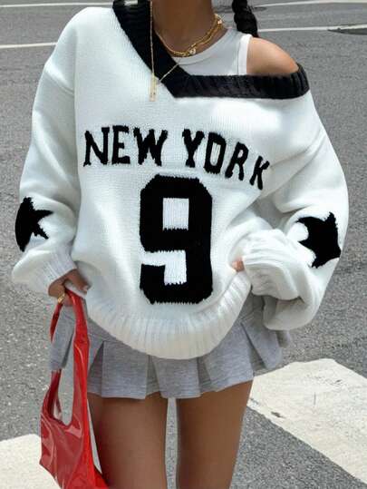 SHEIN Tween Girl Casual Fashion Letter Print V-Neck Black & White Knit Loose Sweater Girls New York Sweater New York Sweatshirt Kids Streetwear SweatshirTween Girlrl Sweatshirts Autumn Winter Clothes For Women