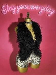 Slaydiva 2025春夏新款波西米亚音乐节,乡村风,洋气,海边度假,休闲,前卫,派对,可爱甜美,千禧一代,Y2k,性感火辣女孩,黑色皮草,毛绒材质,露背,露背,系带,无袖,超短背心,搭配豹纹,斑马纹,卡其棕色闪亮弹力针织紧身衣,修身,超短裤,热裤,女士两件套-B - 彩色 - 查看 5