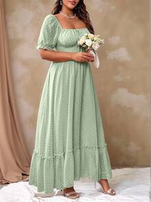 Flirla 加大码甜美浪漫粉色方领蝴蝶结荷叶边下摆长裙复活节装 - 薄荷綠 - 查看 5