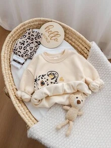 新生女婴可爱休闲卡通图案保暖长袖运动衫和裤子套装 - 卡其色 - 查看 6