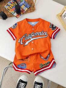 SHEIN 新生儿/婴儿男女通用字母图案撞色圆领短袖开衫和短裤休闲两件套运动服，柔软舒适，适合户外活动，夏季