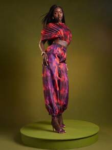 NYA SZN Spodnie Kami z wysokim stanem, ściągaczem, nadrukiem i siateczką, skromne, na specjalne okazje, na wesele, wieczór, urodziny, kościół, siateczka, jesienne stylizacje dla kobiet - Pomarańczowy - Zobacz 4