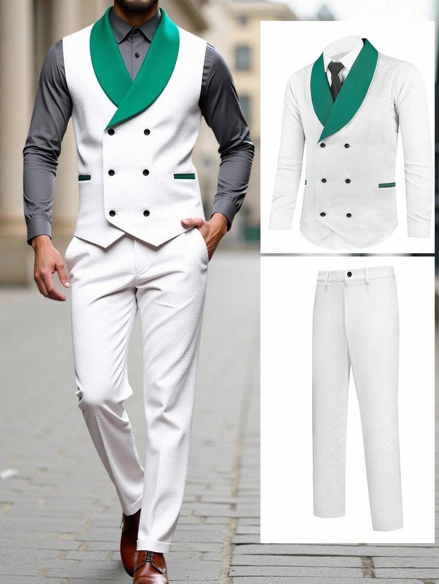 Manfinity Bizformal 男士双扣拼色长袖西装外套和口袋西装裤套装 - 白色 - 查看 1