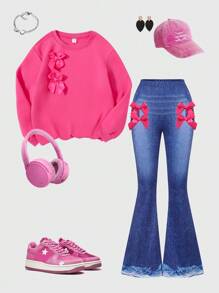 Girls' Hot Pink Bow Sweatshirt & Digital Print Denim Effect Flared Pants 2-Piece Set,Cute Back-To-School Autumn School Outfit For Tween Girls - Multicolor - View 4