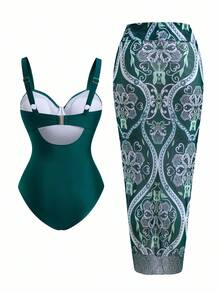 Swim Oasis Traje de baño de una pieza con pliegues de tela brillante esmeralda para mujer de talla grande, elegante y casual estilo bohemio, adecuado para vacaciones en la playa - Multicolor - Ver 2