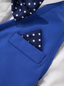 Conjunto de 3 piezas de traje casual elegante para niño pequeño para boda y eventos: chaleco de unicolor con ajuste ceñido + pantalón de traje casual + pajarita a lunares desmontable. Pañuelo de contraste decora el pecho y la pajarita - Azul - Ver 3