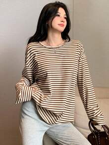 DAZY 女士宽松休闲条纹拼色长袖T恤，基本款长款上衣，适合秋季、春季和夏季 - 巧克力棕 - 查看 5