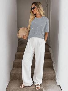 EURMUSE Áo thun trơn màu trơn vai trễ cỡ lớn đính sequin - Màu xanh nhạt - Xem 3