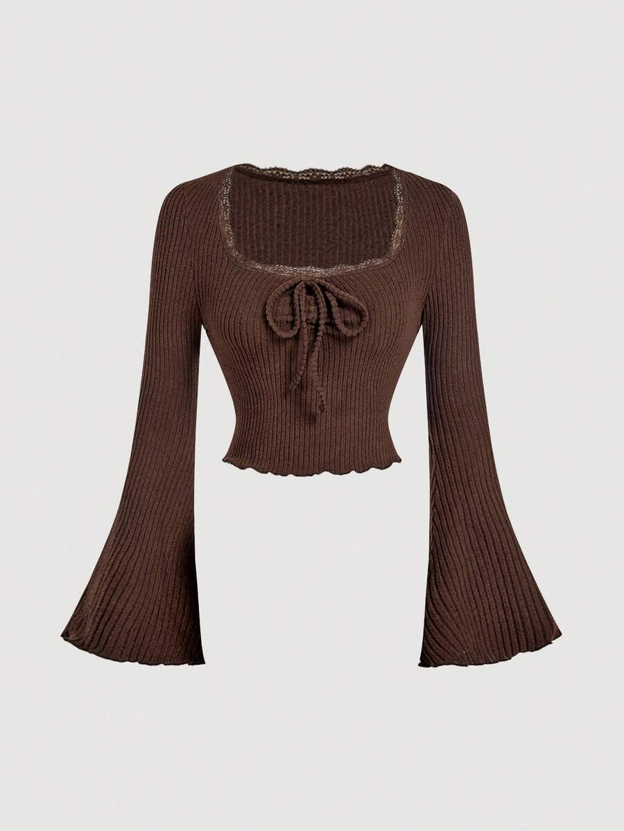 SHEIN MOD Women's Coffee Brown Square Collar Bell Sleeve T-Shirt,Fall Clothing,Halloween,Coffee Brown Bell Sleeves T-Shirt,Comfortable Long Sleeves,Going Out Tops,Fitted T Shirt,Tops With Sleeves,Brown Top - Coffee Brown - View 1