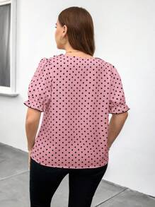 SHEIN Clasi 大码女式圆点 V 领荷叶边衬衫，白色和黑色，春季 - 粉色 - 查看 2
