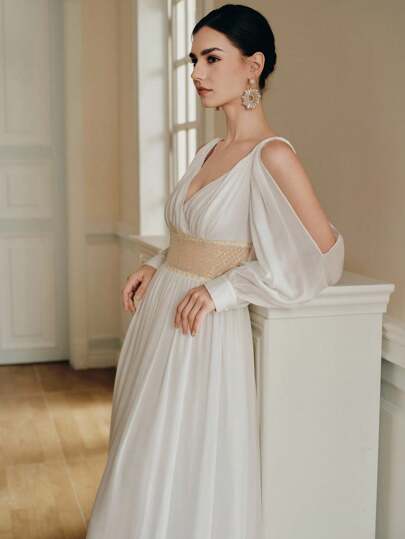 Anewsta 女式长袖串珠优雅长裙，白色，喇叭裙，新品上市