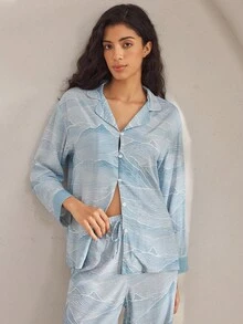 Ocili Comfortable Natural Geometric Mountain Texture Pattern Loose Long Sleeve Top & Pants Women Pajama Set Lounge Sets For Women Sleepwear, Fall Winter Clothes - Blue - View 4