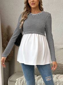 SHEIN Striped Contrast Color Casual Maternity Long Sleeve Round Neck T-Shirt - Black and White - View 6