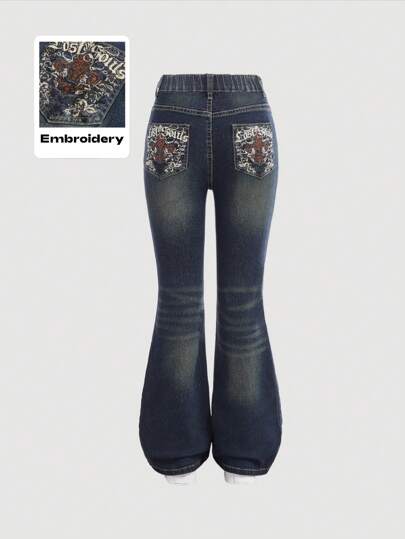 SHEIN Girlism Tween Girls Y2K Grunge Punk Retro Washed Letter Embroidered Pocketed Flared Casual Jeans, Girls Fall Winter Back To School Homecoming Jeans,Girls Flare Pants Streetwear Vintage Outfits, Flare Jeans, Butterfly Jeans, Bell Bottoms Jeans, Jeans With Embroidery, Embroidered Flare Jeans