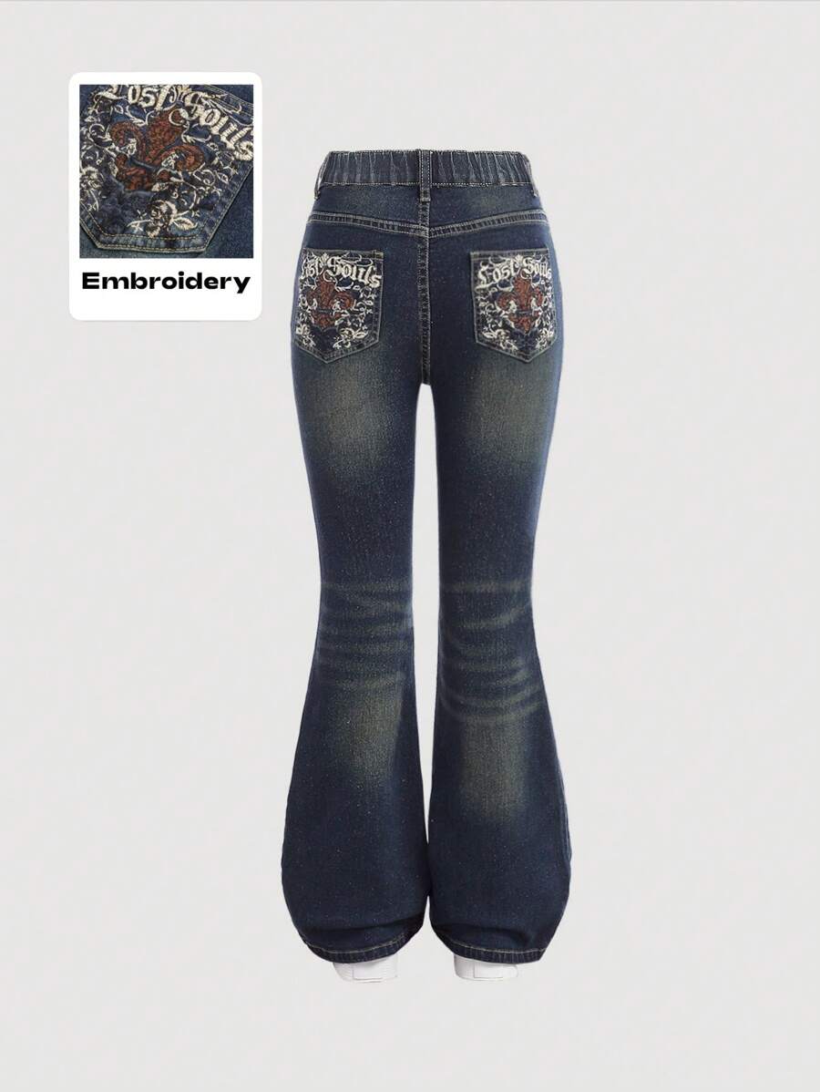 SHEIN Girlism Quần jeans ống loe dáng suông, túi, phong cách Y2K Grunge Punk Retro cho bé gái, thích hợp mặc đi học, dự tiệc mùa thu đông, thời trang đường phố vintage, quần jeans ống rộng, quần jeans thêu, quần jeans ống loe thêu. - Rửa tối - Xem 1