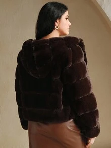 Anewsta Chaqueta de moda de manga larga con abertura frontal y piel sintética para mujer de talla grande, otoño/invierno - Café integral - Ver 2