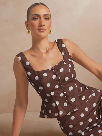 L'Amorae 女士棕色波点褶皱低圆领无袖背心复古