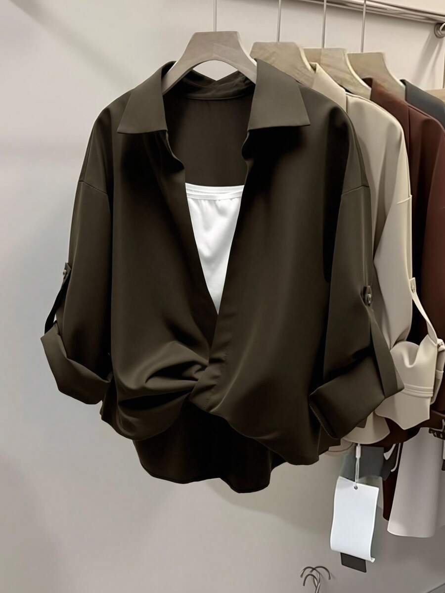 INAWLY Casual Turndown Collar Double Layer 2 In 1 Shirt Fall Cloth For Women