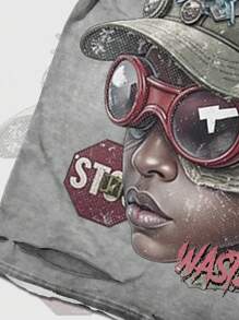 ROMWE MEN Grunge Punk Áo thun cổ tròn tay ngắn in họa tiết rách giặt cũ - Xám - Xem 4