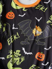GARFIELD | SHEIN 青少年男孩黑色卡通蝙蝠猫和南瓜印花舒适睡衣套装，适合秋冬季节、万圣节 - 黑色 - 查看 3