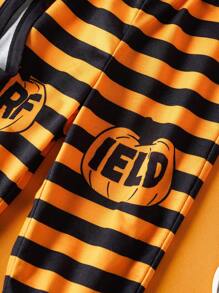 GARFIELD | SHEIN 3pcs Baby Boy Cute Halloween Pattern Round Neck Long Sleeve Bodysuit, Striped Long Pants, And Knit Hat Soft & Comfortable Set - Black - View 4