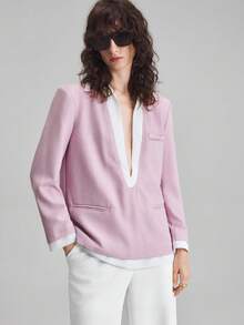 Ontre 2025 New Women's Solid Color Patchwork Long Sleeve Minimalist Suit Jacket, Daily Commute, Spring, Retro Style In Fall/Winter - Pink - View 5