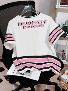HELLO KITTY AND FRIENDS | SHEIN Women's Casual Cute Cartoon & Letter Graphic Contrast Striped Short Sleeve T-Shirt, Summer