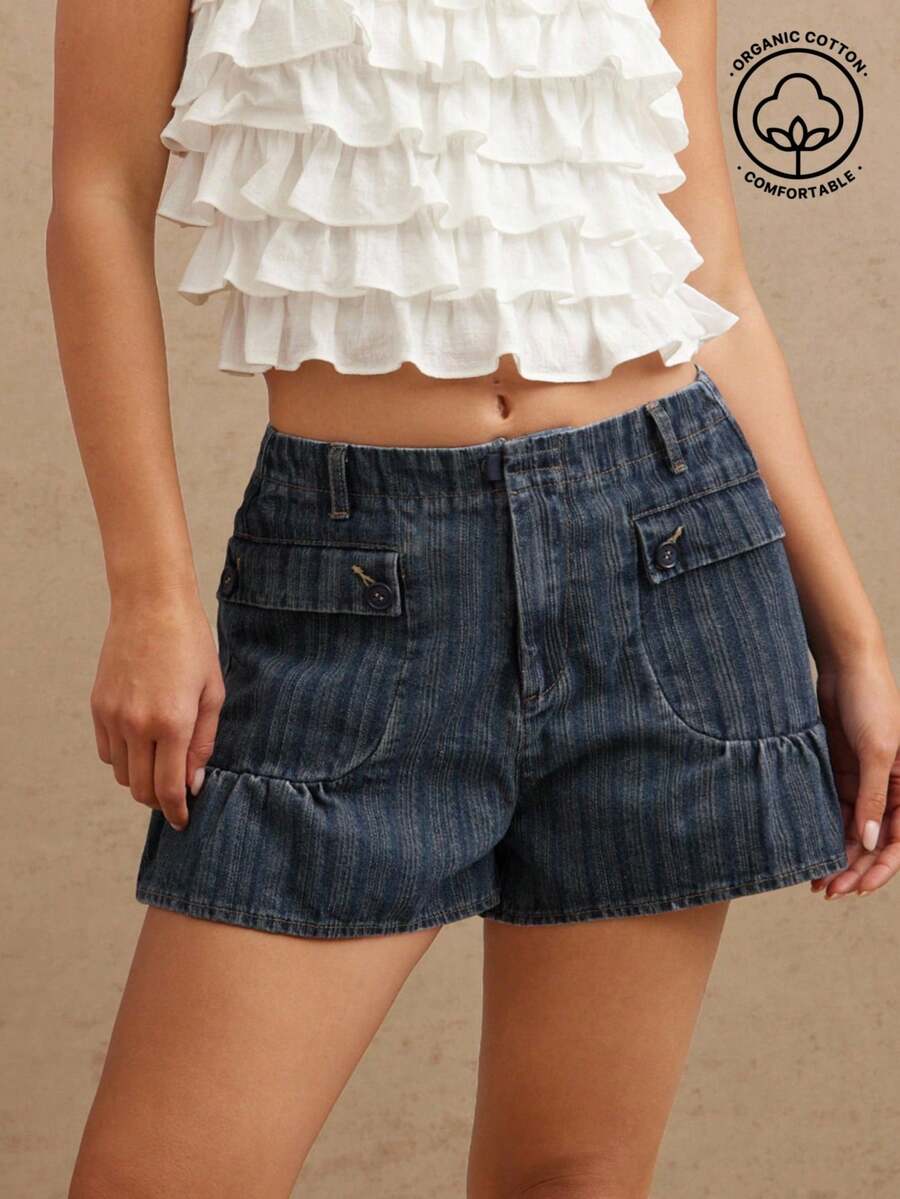 WESTFADE Quần short denim miền Tây Cowgirl Rodeo cạp vừa có túi tiện dụng có nút - Rửa tối - Xem 1
