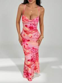 SHEIN PETITE Women's Plunging Neckline Backless Vacation Floral Print Dress Bodycon Maxi Dress Floral Maxi Dress Pink Maxi Dress Tight Maxi Dress Rose Print Maxi Dress,Party Dress